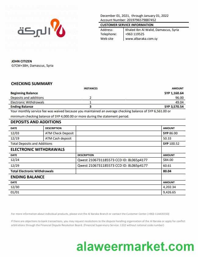 Syria  Al Baraka bank statement